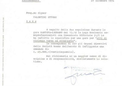 Lettera di richiamo e comunicazione ammenda - 27/12/74